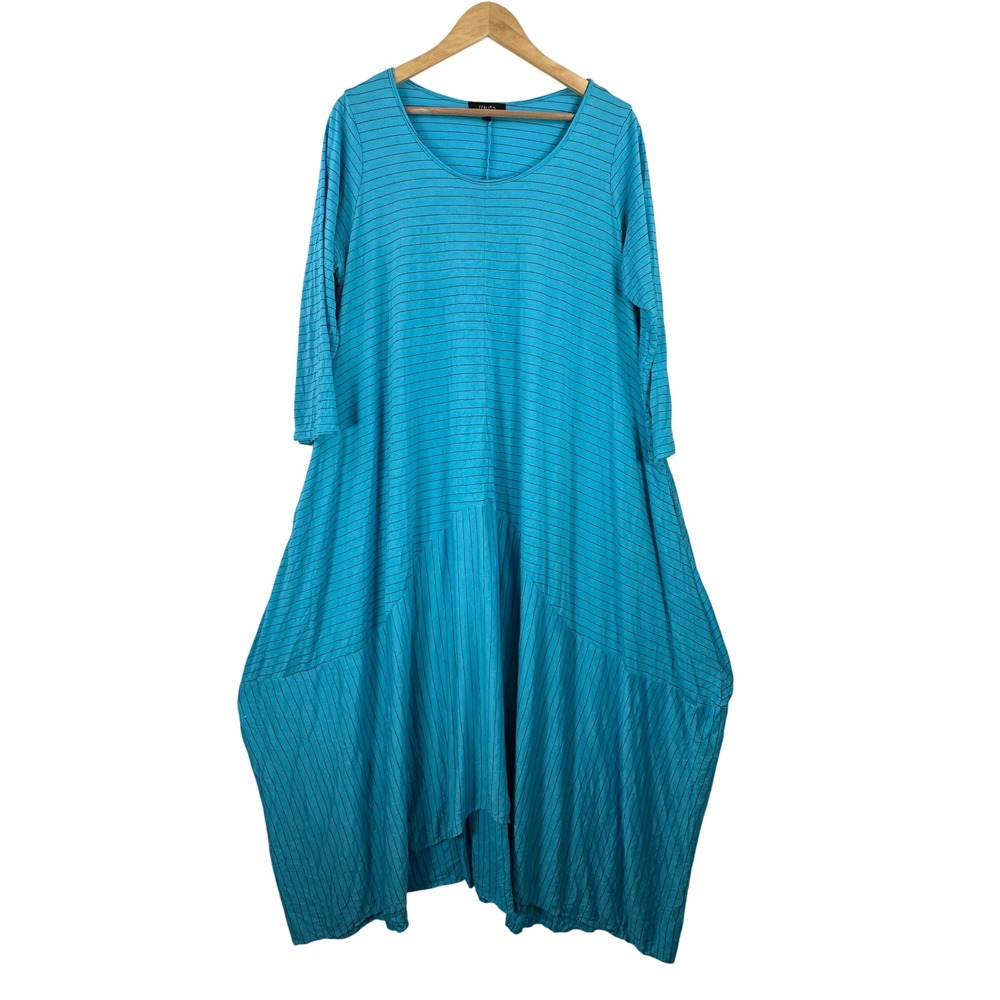 Comfy USA Midi Dress sz L Blue Striped Lagen look 3/4 Sleeve preppy artsy beach